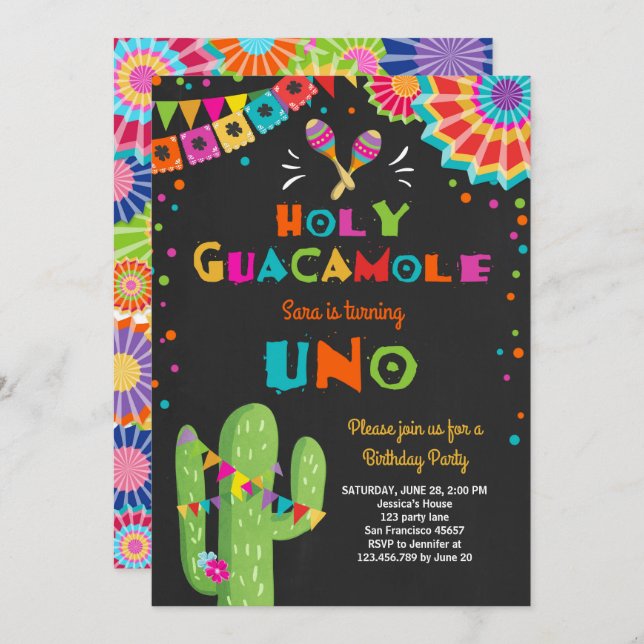 Uno Fiesta First Birthday invitation Cactus Party (Front/Back)