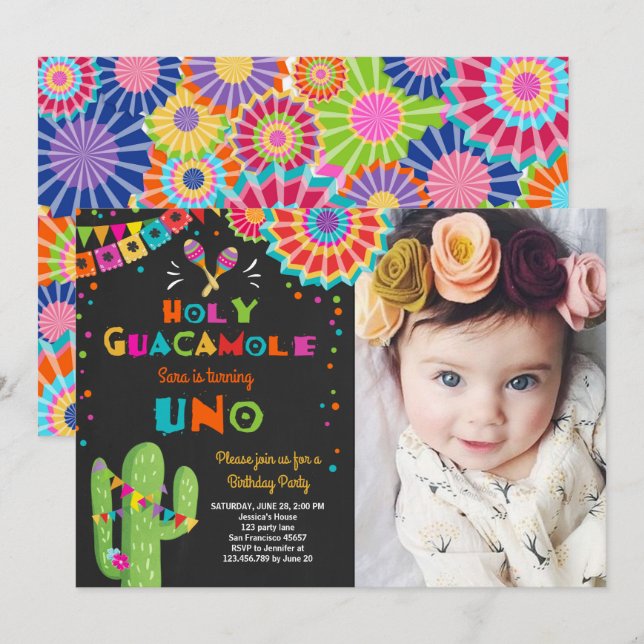 Uno Fiesta First Birthday invitation Cactus Party (Front/Back)