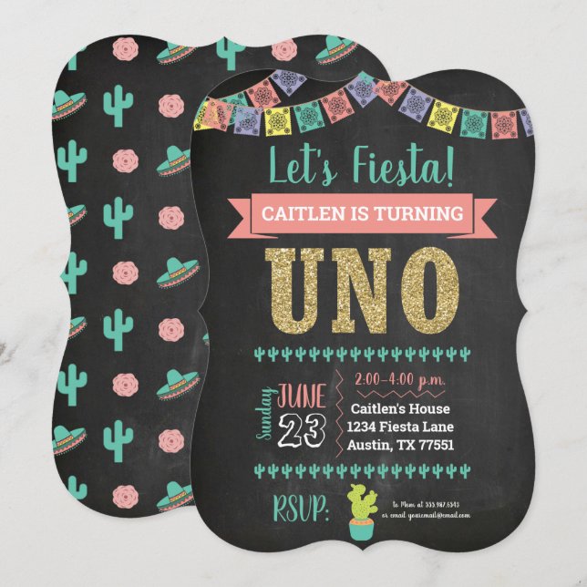 Uno First Birthday Chalkboard Invitation Girl (Front/Back)