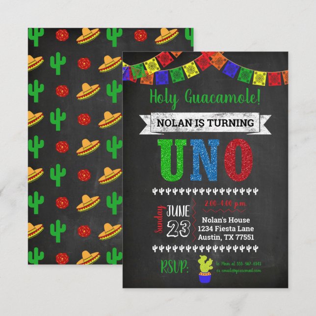 Uno Holy Guacamole First Birthday Invitation (Front/Back)