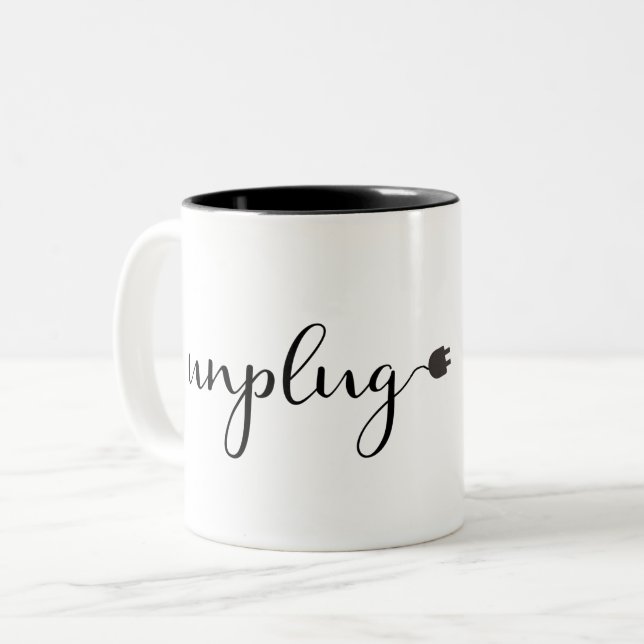 Unplug with Script Text and Plug Two-Tone Coffee Mug (Front Left)