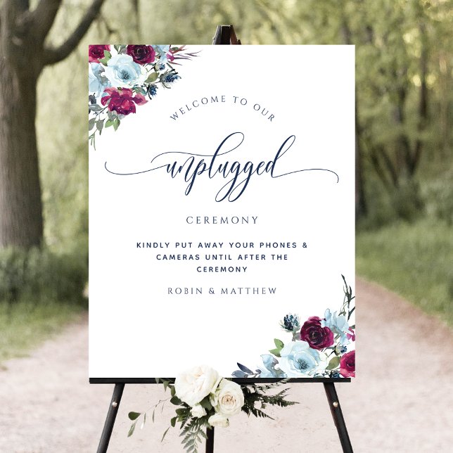 Unplugged Ceremony Berry Blue Burgundy Floral Sign (Creator Uploaded)