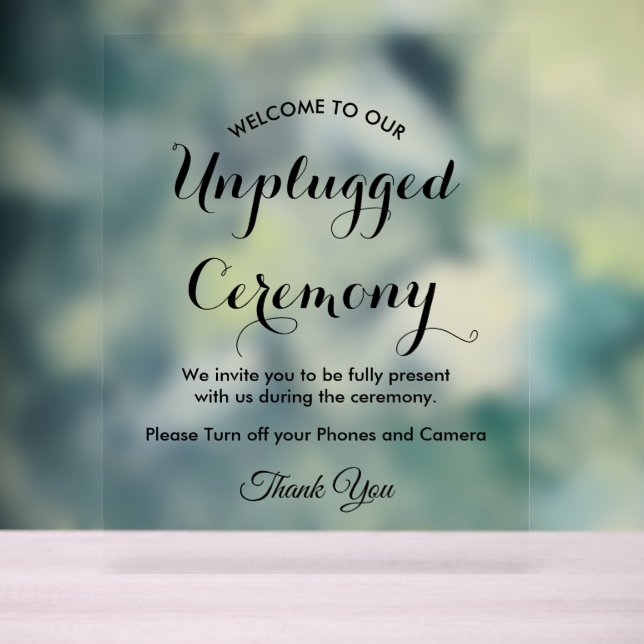 Unplugged Ceremony Black White Wedding Acrylic Sign (Neutral)