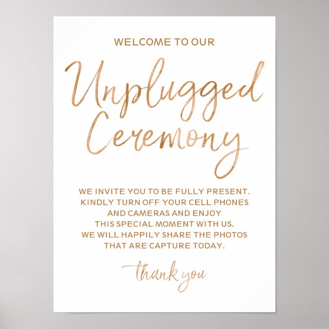 Unplugged Ceremony Rose Gold Faux Foil 12x16 Sign (Front)