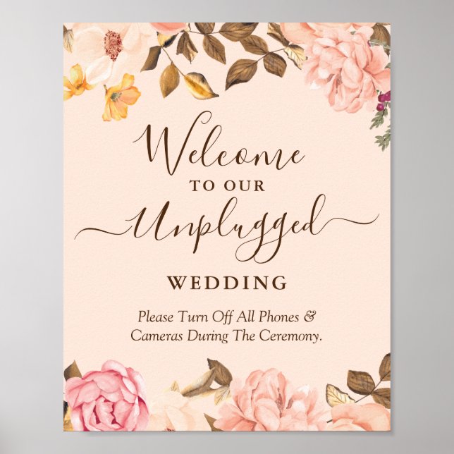 Unplugged Wedding Ceremony Sign Blush Gold Floral (Front)