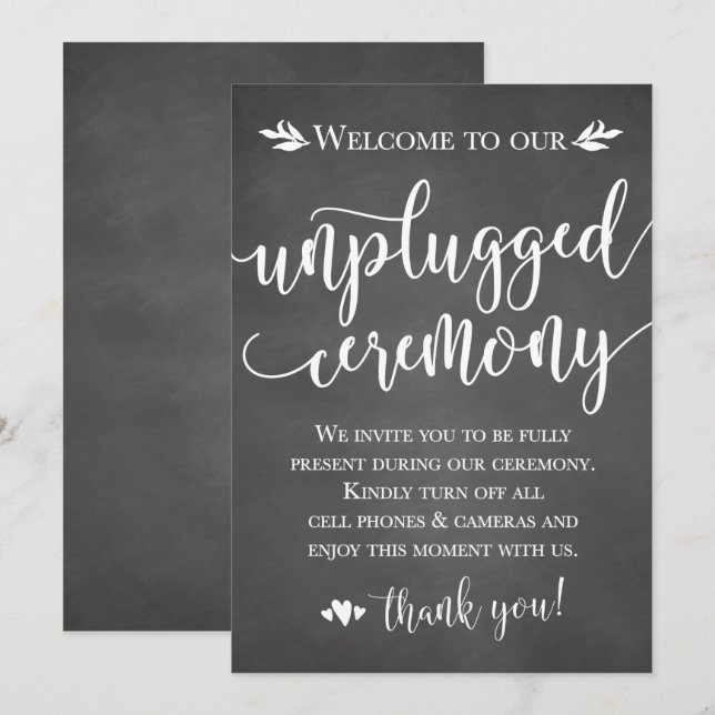 Unplugged Wedding Ceremony Sign Card 5x7 (Front/Back)