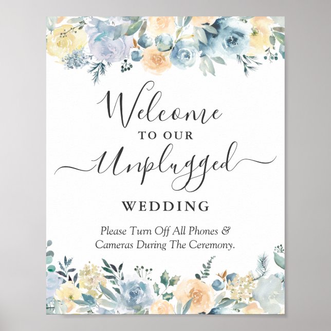 Unplugged Wedding Ceremony Sign Peach Blue Floral (Front)