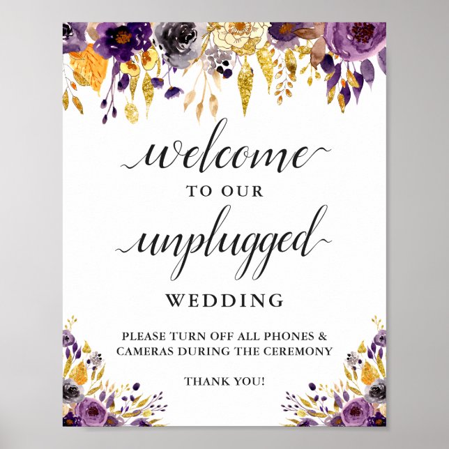 Unplugged Wedding Ceremony Sign Purple Gold Floral (Front)