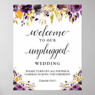 Unplugged Wedding Ceremony Sign Purple Gold Floral