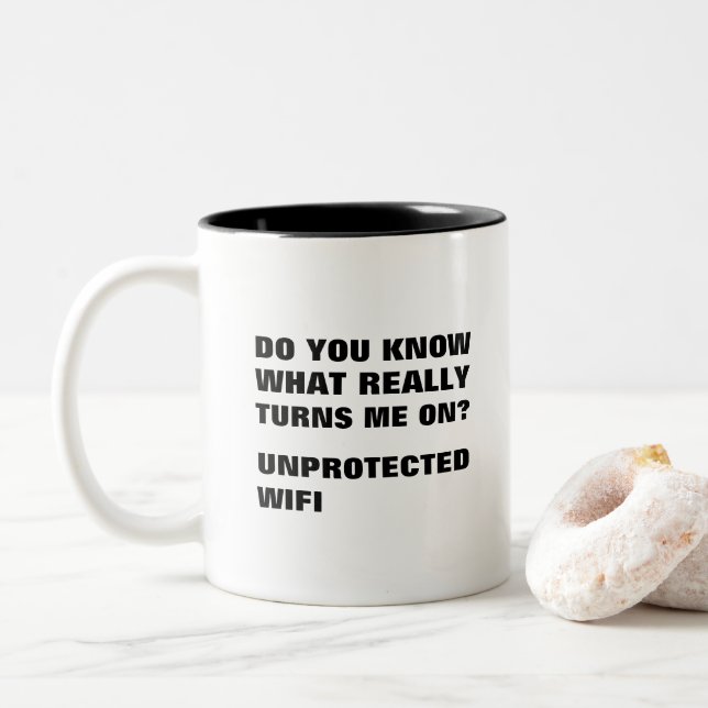 Unprotected wifi turns me on funny Two-Tone coffee mug (With Donut)