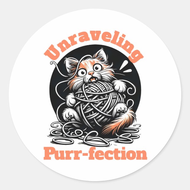 Unraveling Purr-fection: Cute Cat Tangled in Yarn Classic Round Sticker (Front)
