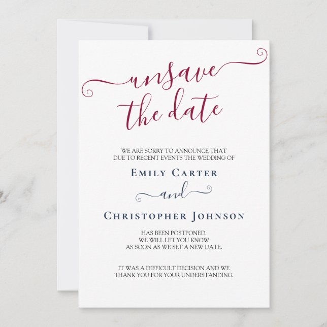 Unsave the Date Burgundy Navy Wedding Update Card (Front)