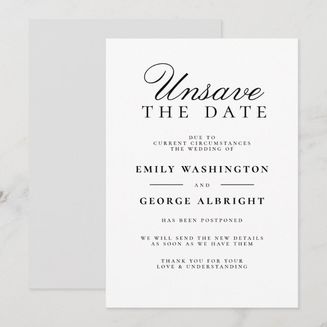Unsave The Date Elegant Wedding Postponed Invitation (Front/Back)