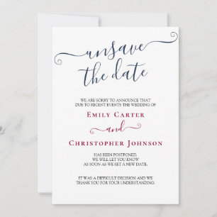 Unsave the Date Navy Burgundy Wedding Update Card