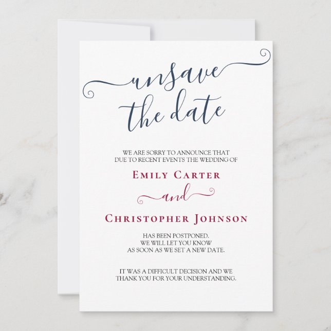 Unsave the Date Navy Burgundy Wedding Update Card (Front)