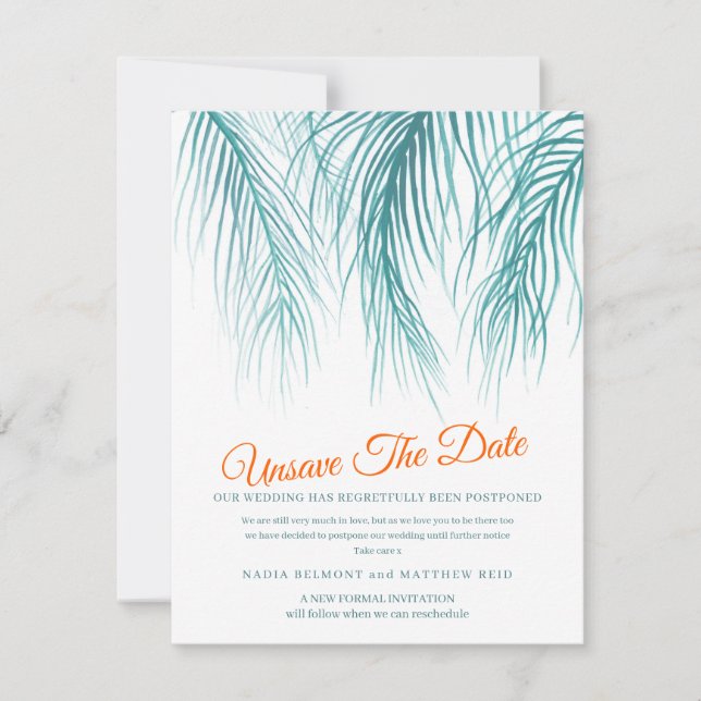 Unsave the date wedding change of plan blue palm save the date (Front)