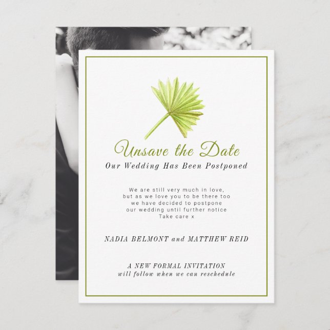 Unsave the date wedding change of plan postponed save the date (Front/Back)