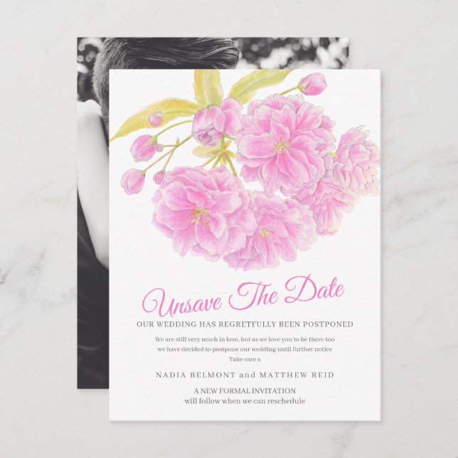 Unsave the date wedding change postponed blossom save the date (Front/Back)