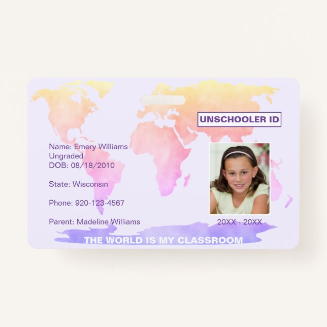 Unschooler Student ID World Map ID Badge (Front)