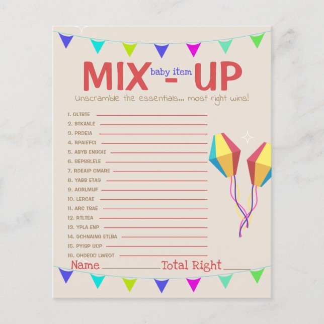 Unscramble Mix-Up Baby items Party Game Card (Front)