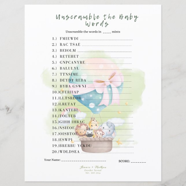 "Unscramble the Baby Word" In Sage Neutral Animal  (Front)