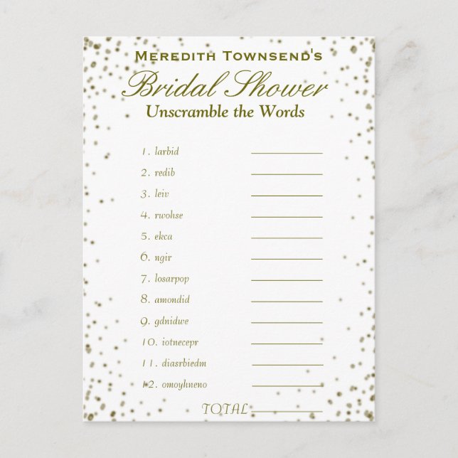 Unscramble the Words | Gold Confetti Invitation Postcard (Front)