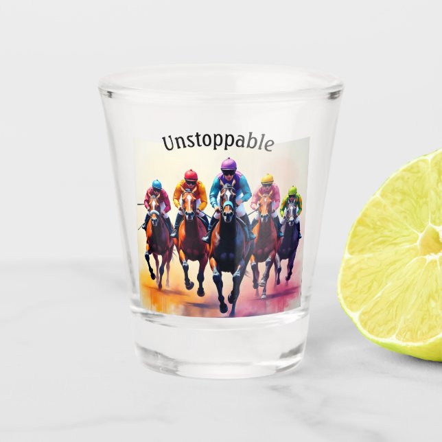 Unstoppable thundering horses shot glass (Front)