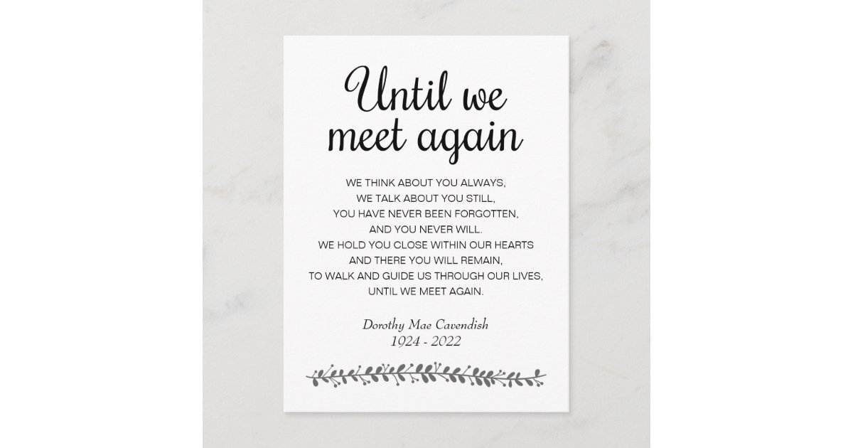 Until We Meet Again Funeral Poem Memorial Postcard | Zazzle