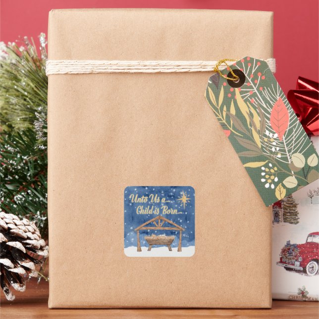 Unto Us A Child Is Born Christmas Nativity Square Sticker (Holiday)