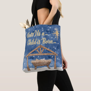 Unto Us A Child Is Born Christmas Nativity Tote Bag
