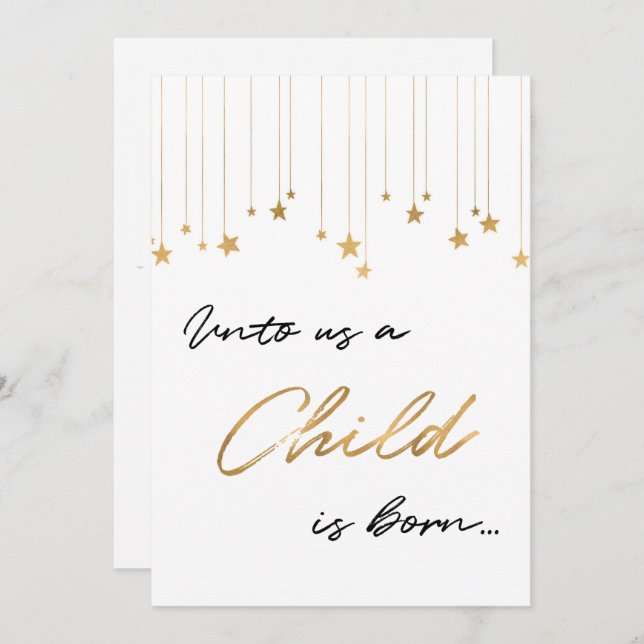 Unto Us A Child is Born Handwritten Gold Christmas Invitation (Front/Back)