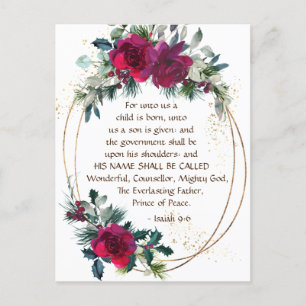 Unto Us A Child is Born Isaiah 9:6 Christmas Roses Holiday Postcard