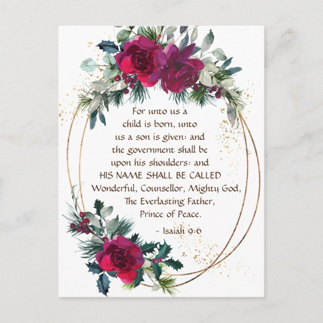 Unto Us A Child is Born Isaiah 9:6 Christmas Roses Holiday Postcard (Front)