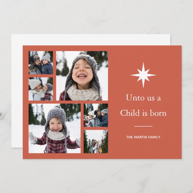 Unto Us a Child is Born Photo Collage Christmas  Holiday Card (Front/Back)