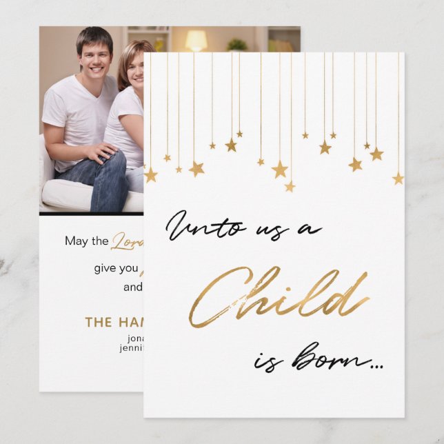 Unto Us A Child is Born Photo Gold Christmas Card (Front/Back)