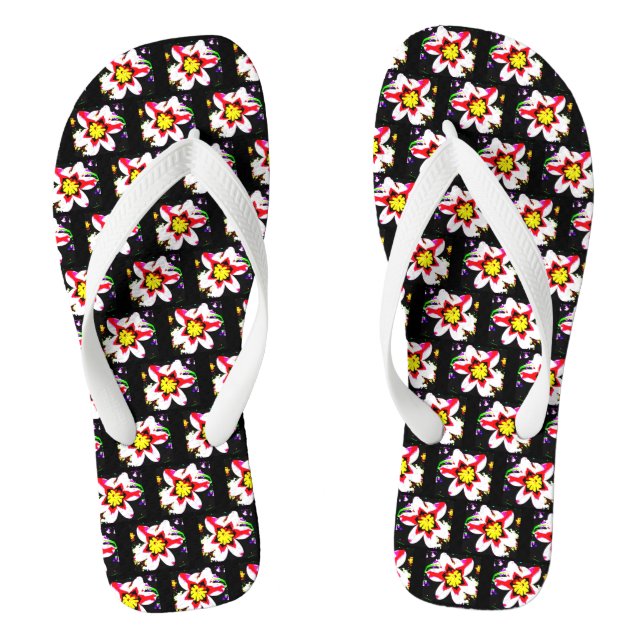 unusual abstract white flowers on black background flip flops (Footbed)
