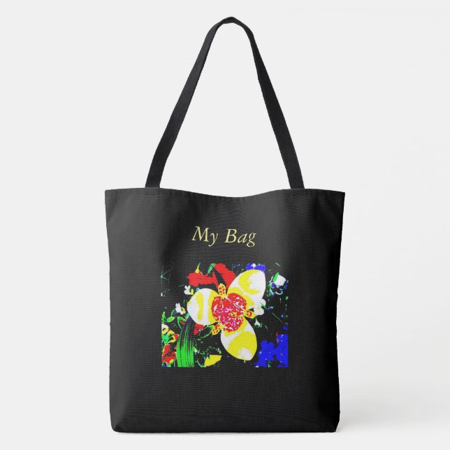 unusual black with yellow and red flower pattern tote bag (Back)