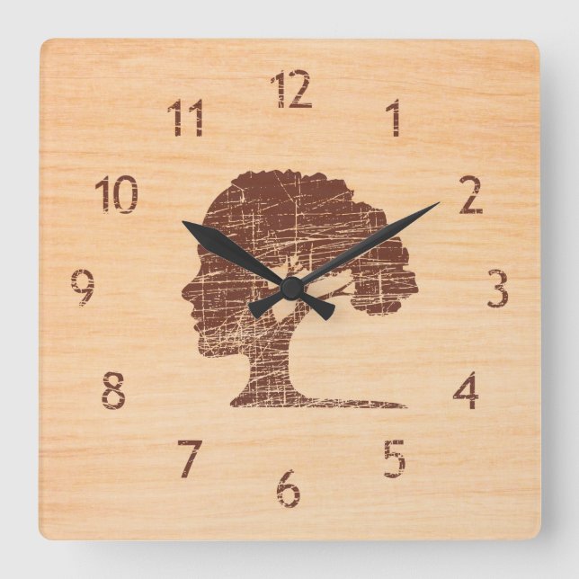 Unusual contemporary decorative rustic wood tree square wall clock (Front)