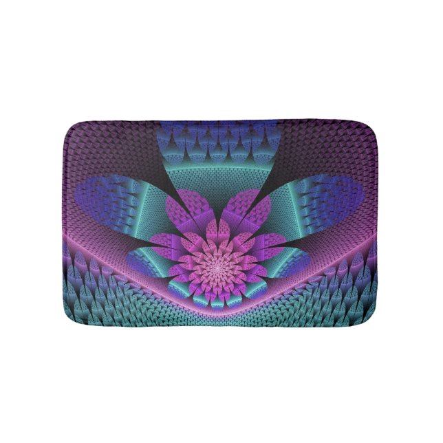 Unusual Patterned Colourful Fantasy Flower Fractal Bath Mat (Front)