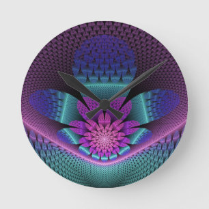 Unusual Patterned Colourful Fantasy Flower Fractal Round Clock