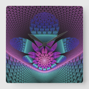 Unusual Patterned Colourful Fantasy Flower Fractal Square Wall Clock