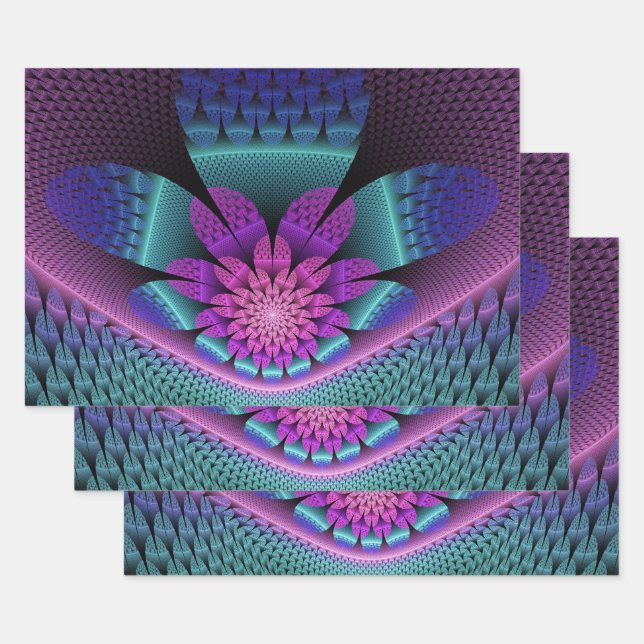 Unusual Patterned Colourful Fantasy Flower Fractal Wrapping Paper Sheet (Set)