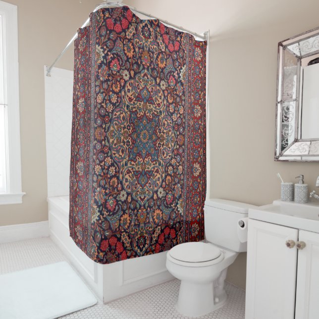 Unusual Persia Rug Blue Red Daisy  Shower Curtain (In Situ)