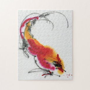 Unusual Rooster. Calligraphy and watercolor. Jigsaw Puzzle