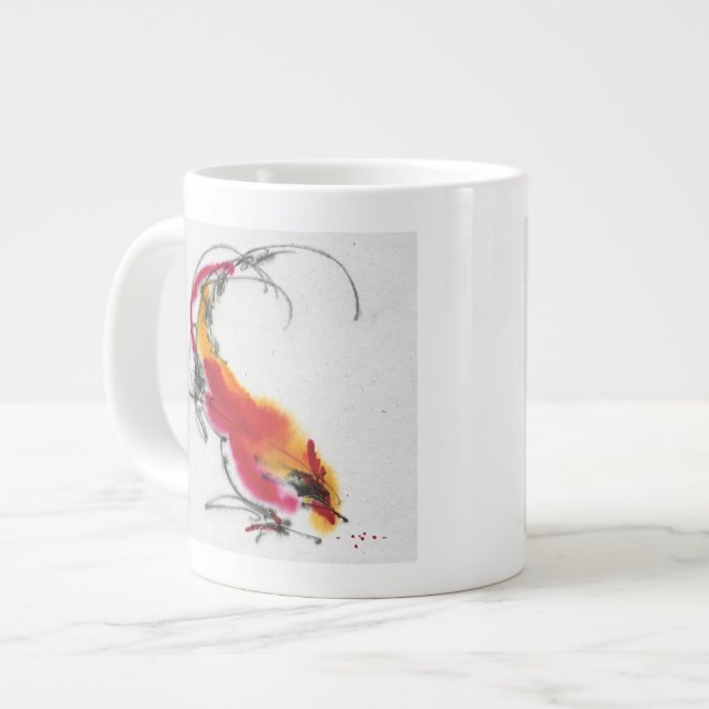 Unusual Rooster. Calligraphy and watercolor. Large Coffee Mug (Front Left)