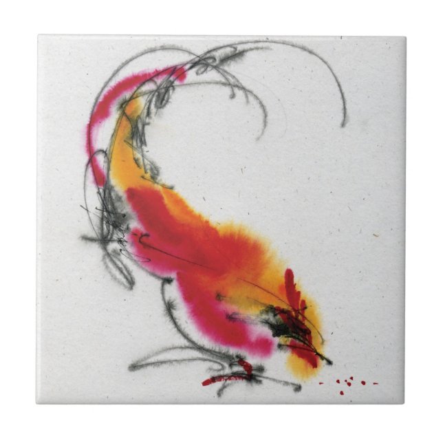 Unusual Rooster. Calligraphy and watercolor. Tile (Front)