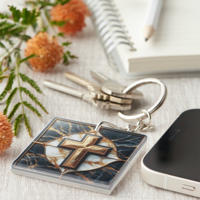 Unveiled Black and White Marble Cross With Gold  Key Ring (Front Right)