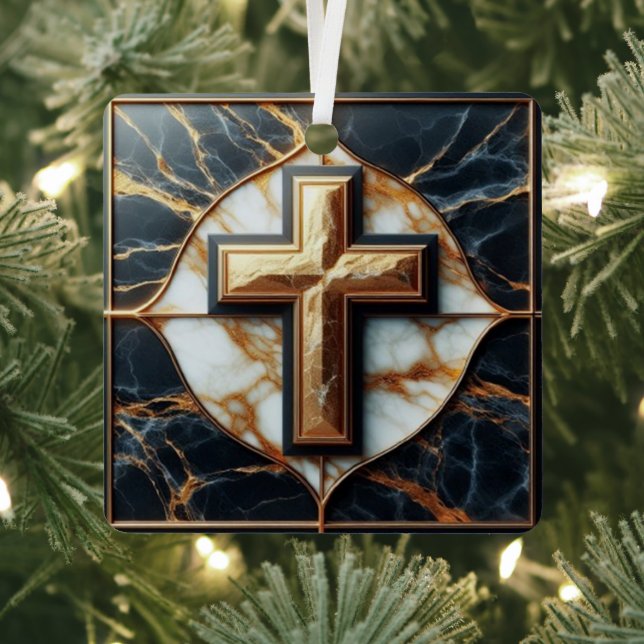Unveiled Black and White Marble Cross With Gold  Metal Tree Decoration (Insitu)