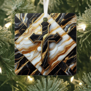 Unveiled Black and White Marble Cross With Gold  Metal Tree Decoration