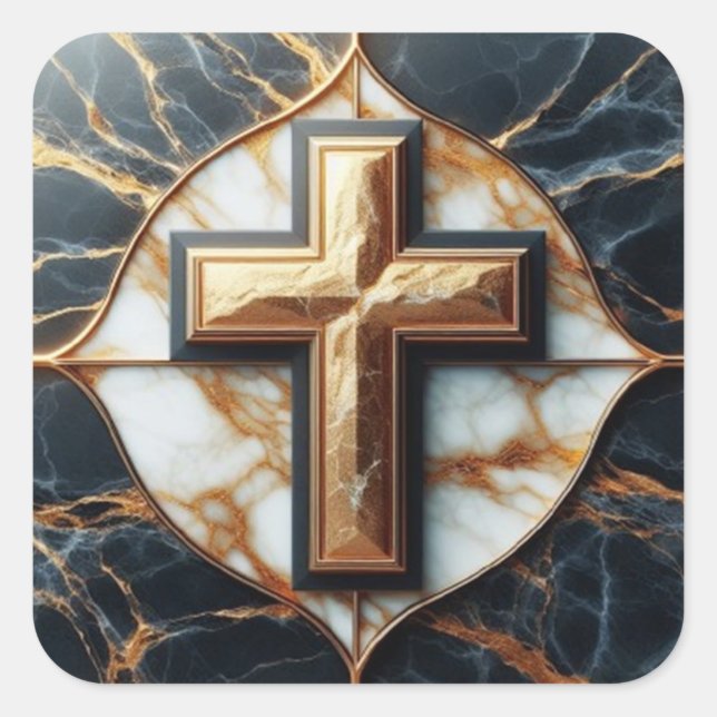 Unveiled Black and White Marble Cross With Gold  Square Sticker (Front)